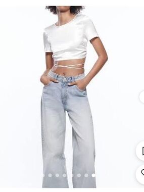 Zara White Satin Wrap Lace-Up Crop Top